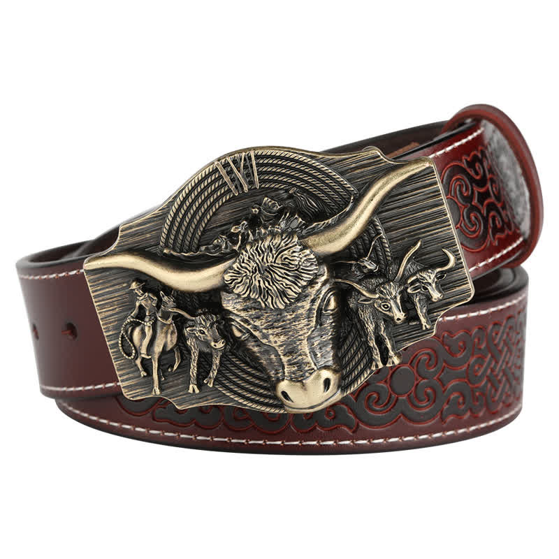 Men's Longhorn Bull Embossed Leather Belt
