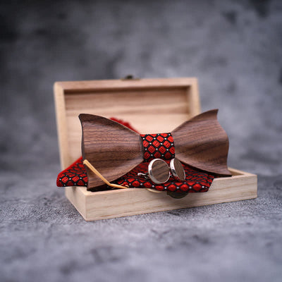 3Pcs Men's 3D Black Walnut Wooden Bow Tie Set