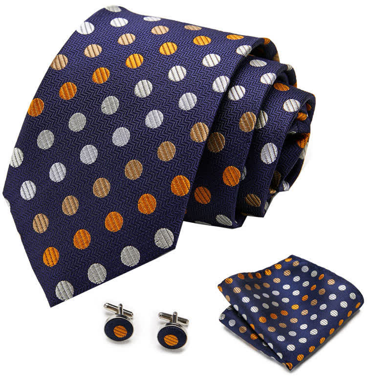 3Pcs Men's Orange & Navy Polka Dots Necktie Set