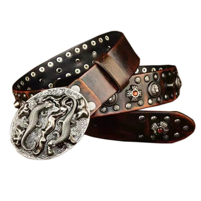 Men's Studded Ruby Lion Ornament Leather Belt