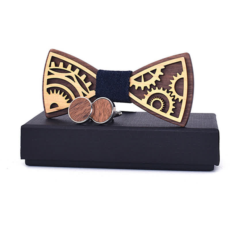 2Pcs Men's Gears Wooden Bow Tie Cufflinks Set