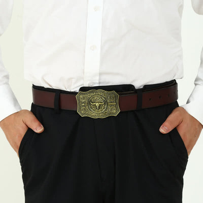 Men's DIY Long Horn Bull Arrow Buckle Leather Belt