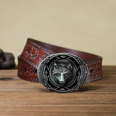 Men's DIY Vivid Wolf Head Buckle Leather Belt