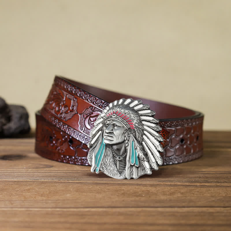 Men's DIY Colored Indian Chief Buckle Leather Belt