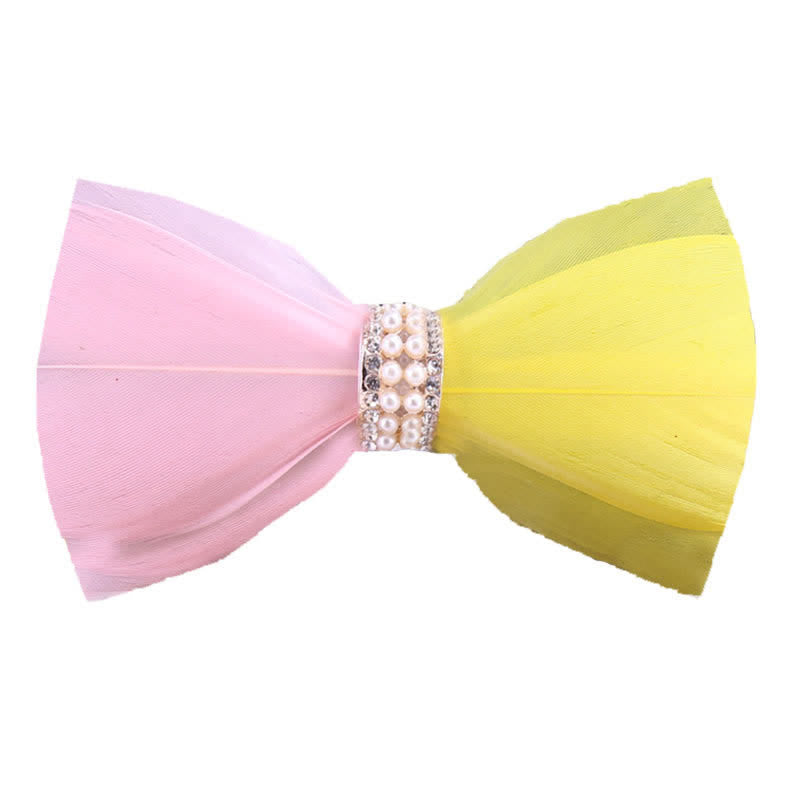 Pink & Yellow Shiny Pearl Feather Bow Tie with Lapel Pin