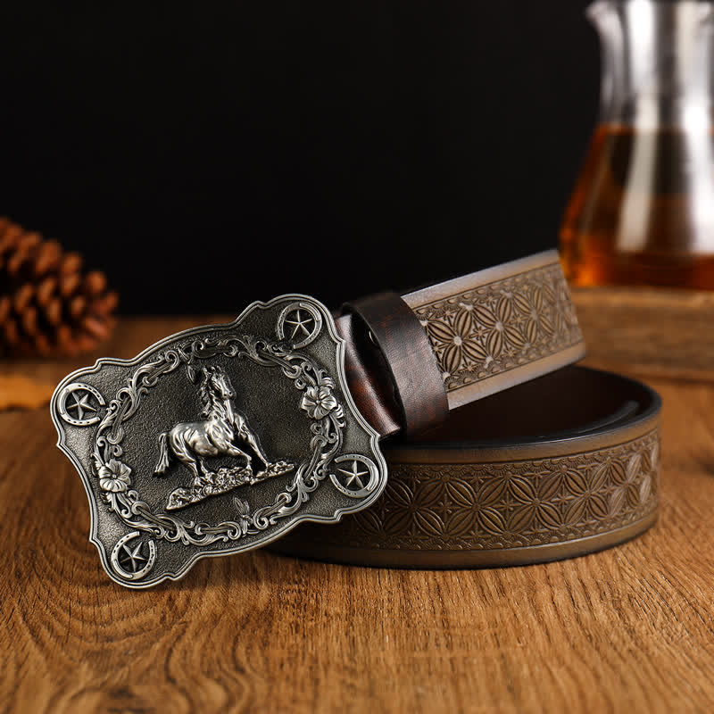 Men's Sturdy Steed Embossed Weave Pattern Leather Belt