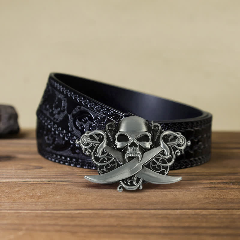 Men's DIY Double Swords Skull Ghost Buckle Leather Belt