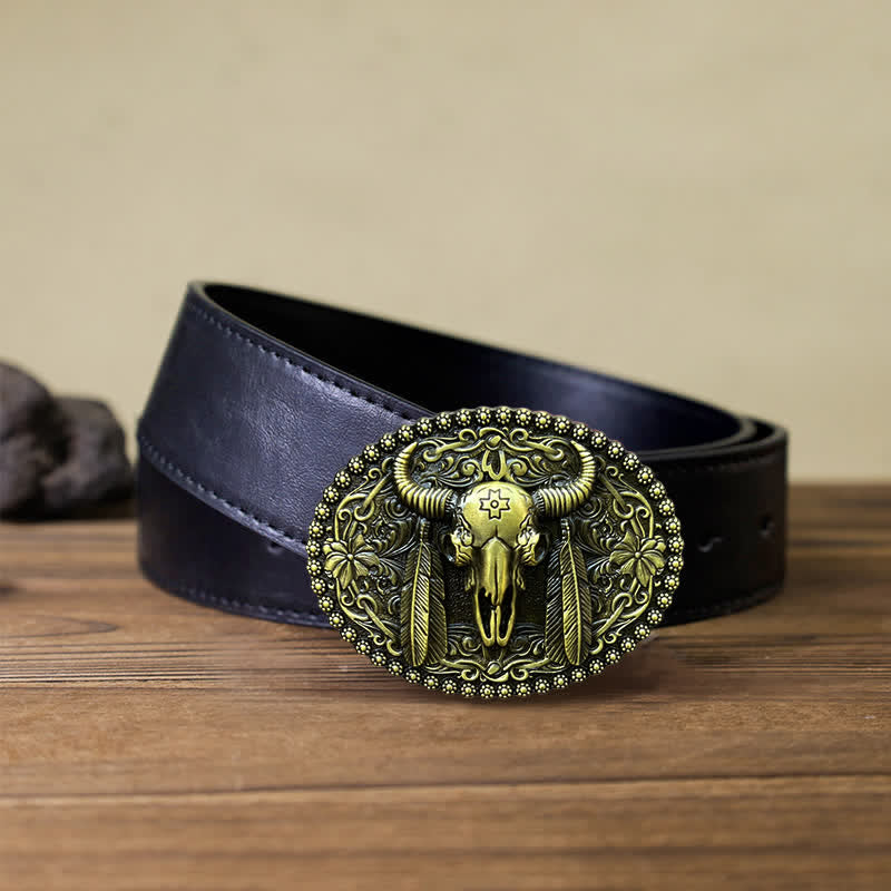 Men's DIY Bull Ethnic Feather Decor Buckle Leather Belt