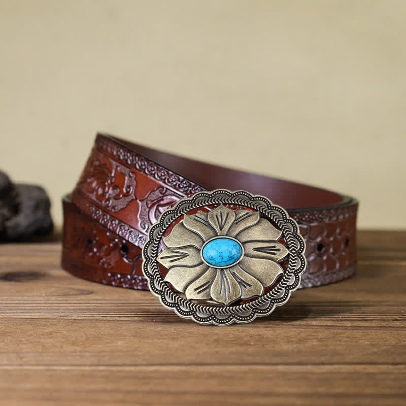 Men's DIY Turquoise Inlaid Floral Buckle Leather Belt