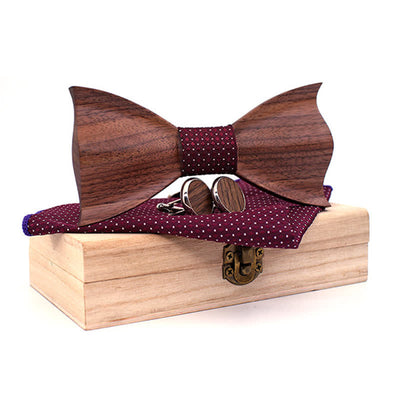 3Pcs Men's 3D Black Walnut Wooden Bow Tie Set