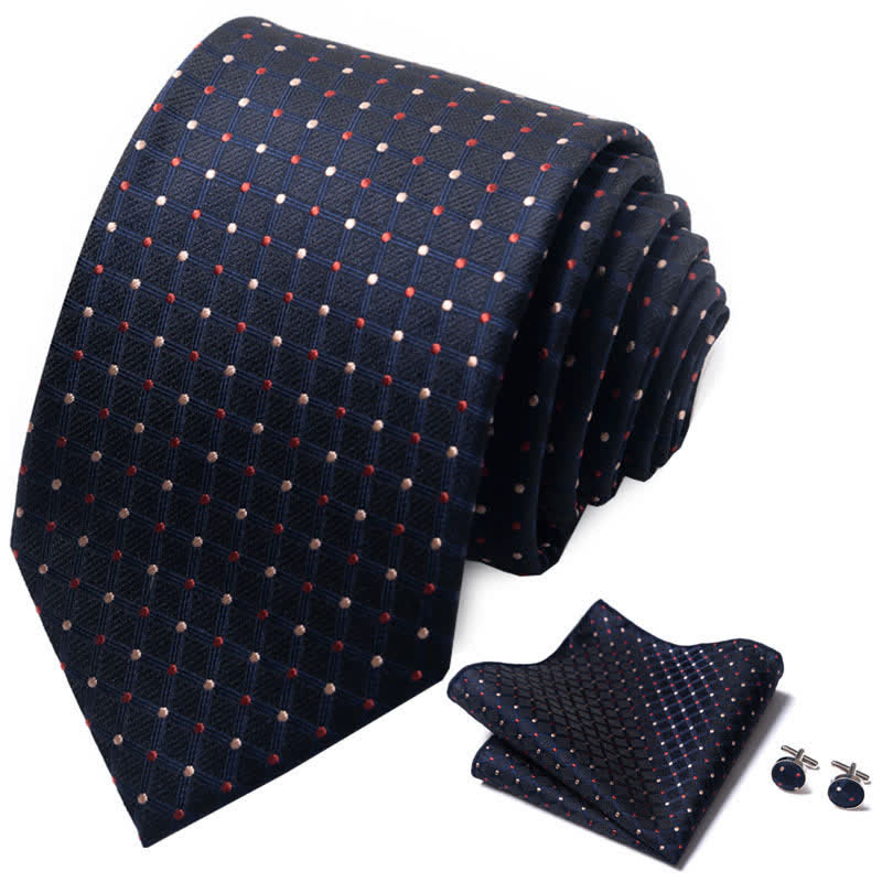 3Pcs Men's Red & Tan Dots Navy Check Necktie Set