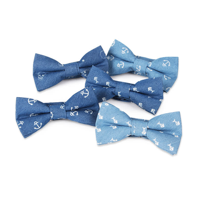 Men's British Style Blue Fish Bone Skull Print Cotton Bow Tie