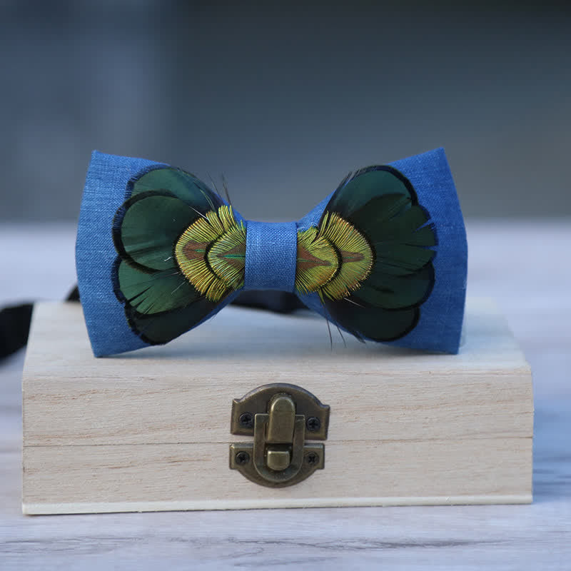 Dark Green & Blue Flax Peacock Feather Bow Tie