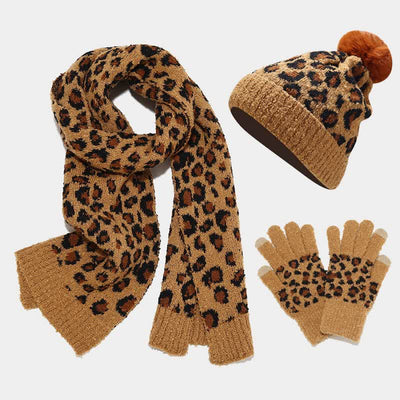 3Pcs Women's Leopard Print Hat Scarf Gloves Set