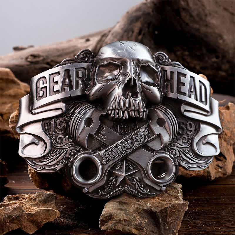 Men's DIY Gear Head Piston Skull Buckle Leather Belt