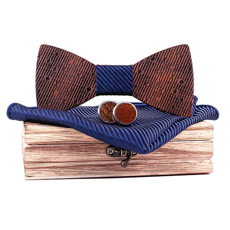 3Pcs Men's Hollow Leaves-shaped Wooden Bow Tie Set