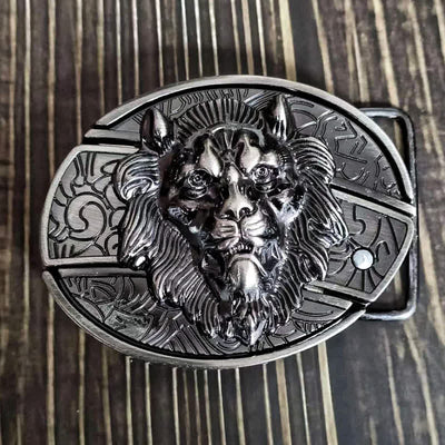 Men's DIY Lion Insignia Hidden Folding Knife Leather Belt