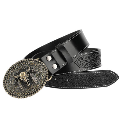 Men's Engarved Feather Bull Jeans Leather Belt