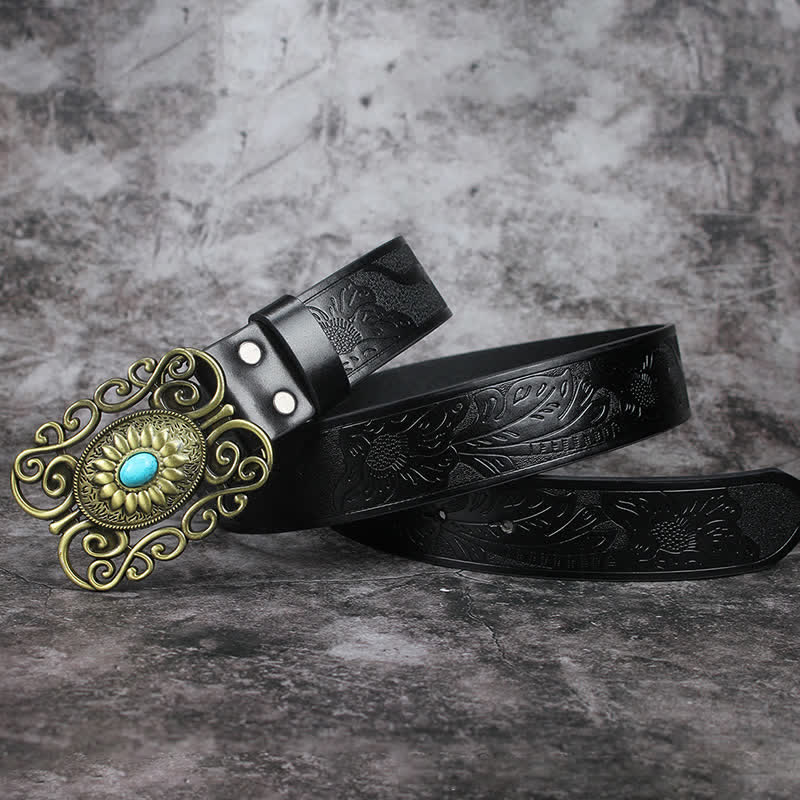 Men's Hollow Out Buckle Turquoise Inlaid Leather Belt