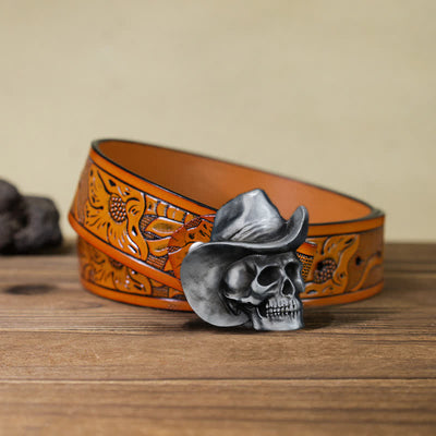 Men's DIY Creative Skull Head With Hat Buckle Leather Belt