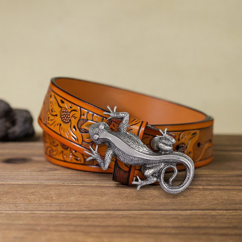 Men's DIY Unique Animal Silver Lizard Buckle Leather Belt