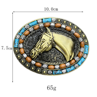 Men's DIY Horse Head Turquoise Buckle Leather Belt