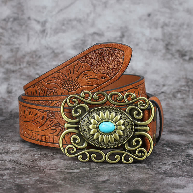 Men's Hollow Out Buckle Turquoise Inlaid Leather Belt