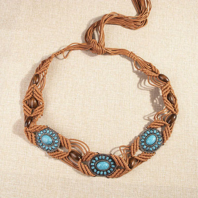 Women's Turquoise Inlaid Bohemian Braided Waist Rope Belt