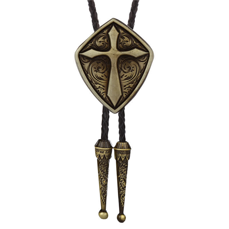 Antiqued Etching Cross Roman Shield Bolo Tie