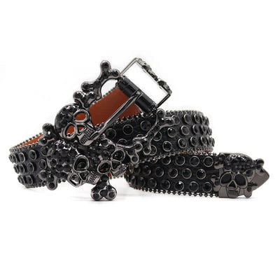 Black Skull Shape Buckle Rhinestone Studded Leather Belt