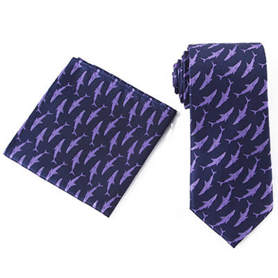 2Pcs Men's Swimming Shark Navy Blue Necktie Set