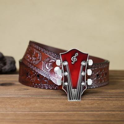 Men's DIY Musical Guitar Headstock Buckle Leather Belt