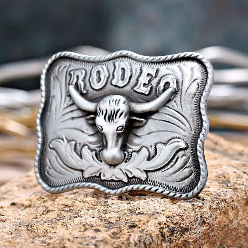 Men's DIY Silver Longhorn Bull Rodeo Buckle Leather Belt