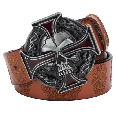 Men's Cross Skull Embossed Pattern Leather Belt