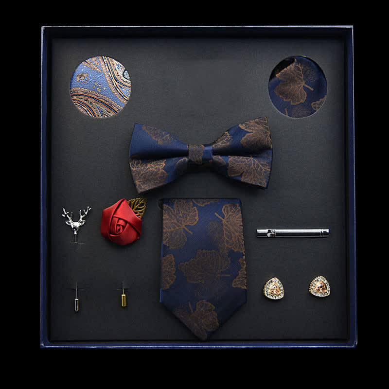 8Pcs Navy&Brown Vintage Leaf Necktie Bow Ties Gift Box