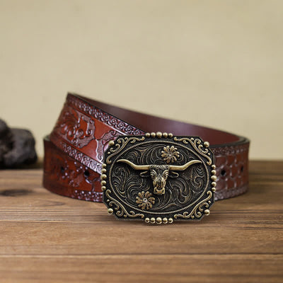 Men's DIY Bull Floral Rhinestone Buckle Leather Belt