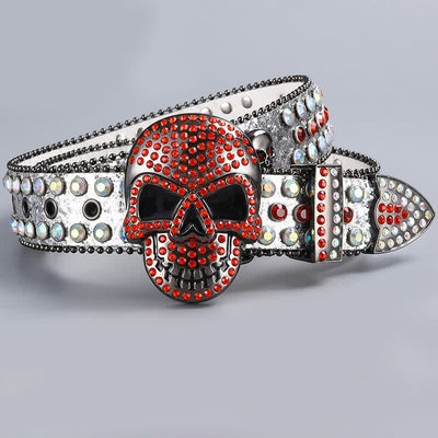 Punk Death Ghost Rhinestone Beaded Leather Belt