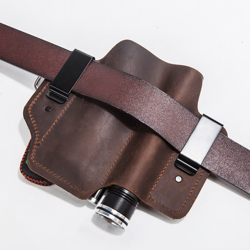 Portable Folding Knife Holster Camping Leather Belt Bag
