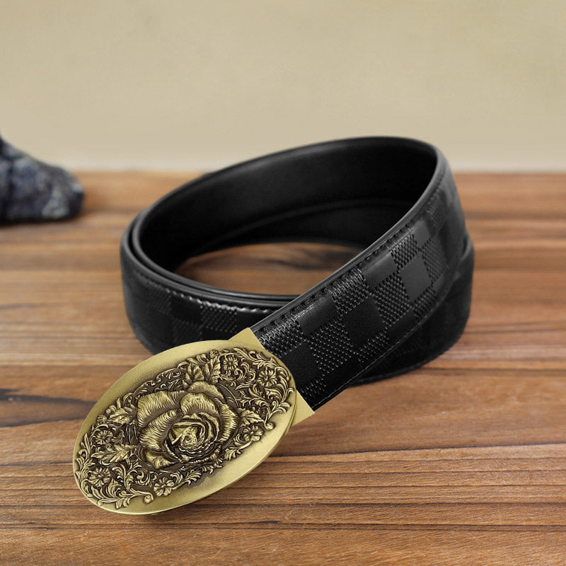 Men's DIY 3D Craved Flowers Automatic Buckle Leather Belt