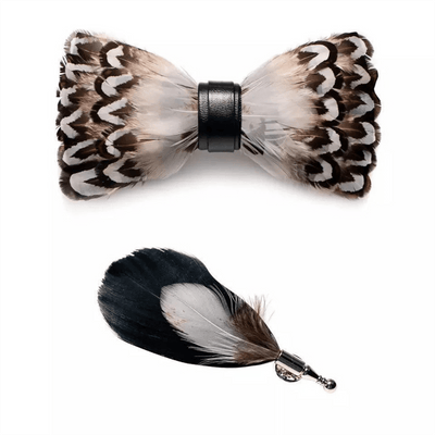 White & Brown Wilderness Feather Bow Tie with Lapel Pin