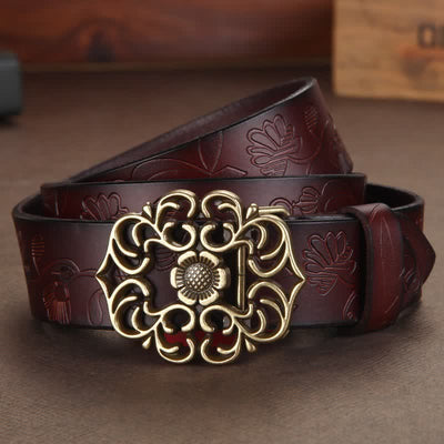 Women's Vintage Flower Hollow Buckle Embossed Leather Belt