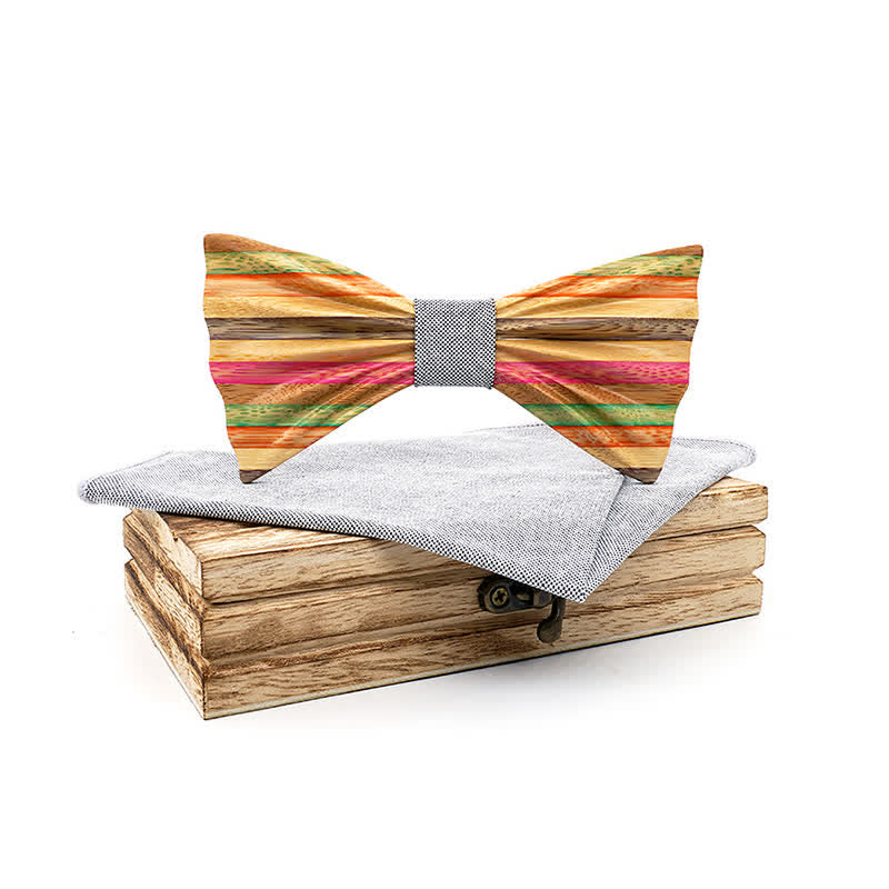 2Pcs Men's Rainbow Wrinkle Wooden Bow Tie Set