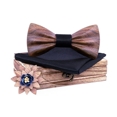 3Pcs Men's Hand Carved Crease Wooden Bow Tie Set