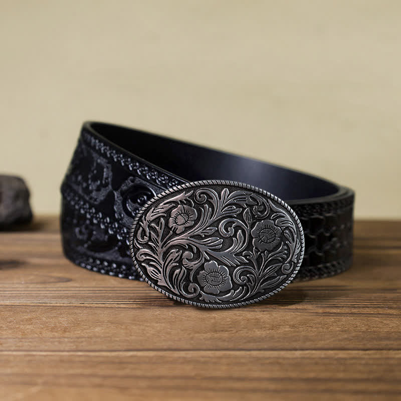 Men's DIY Classical Floral Oval Buckle Leather Belt