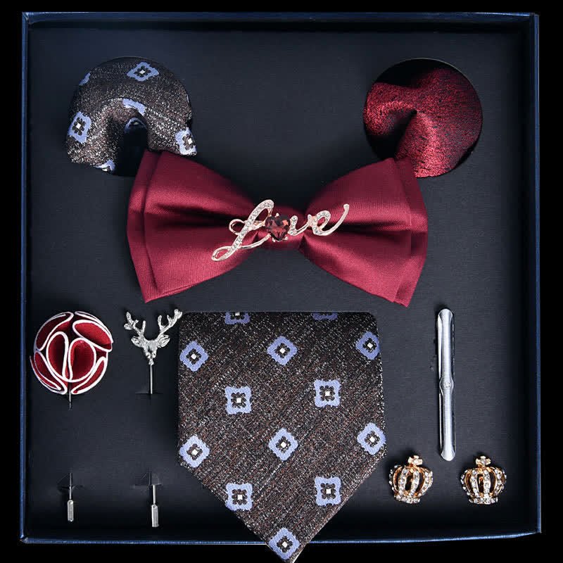 8Pcs Red&SlateGray Luxury Noble Print Bow Ties Gift Box