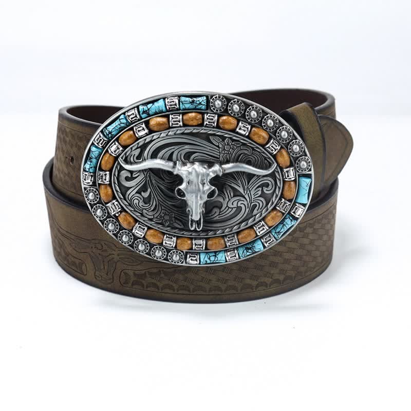 Men's Western Cowboy Turquoise Bull Leather Belt