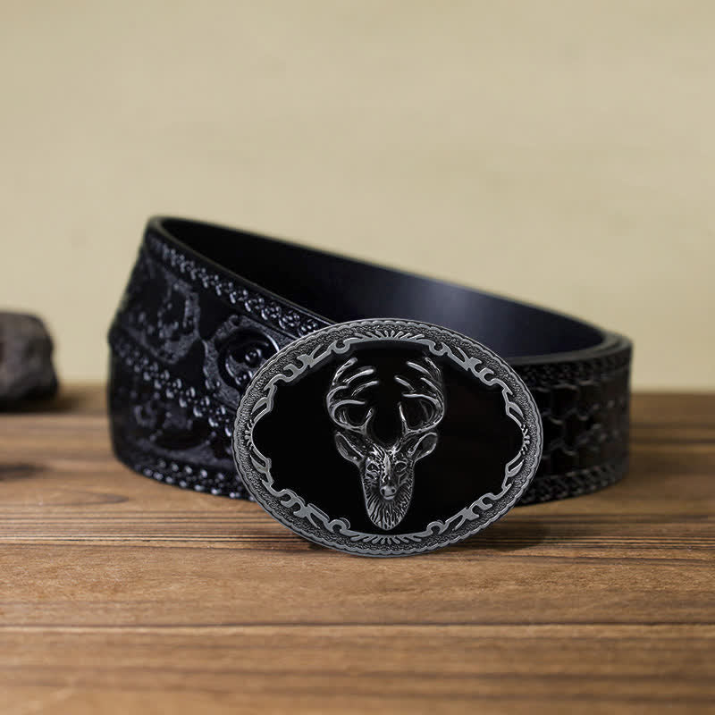 Men's DIY Black Deer Head Buckle Leather Belt