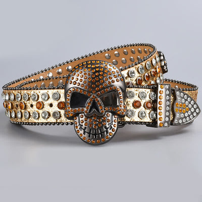 Punk Death Ghost Rhinestone Beaded Leather Belt