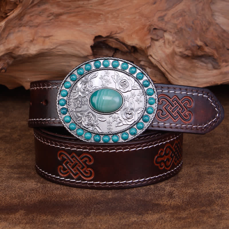 Unisex Carved Rose Turquoise Jade Agate Leather Belt