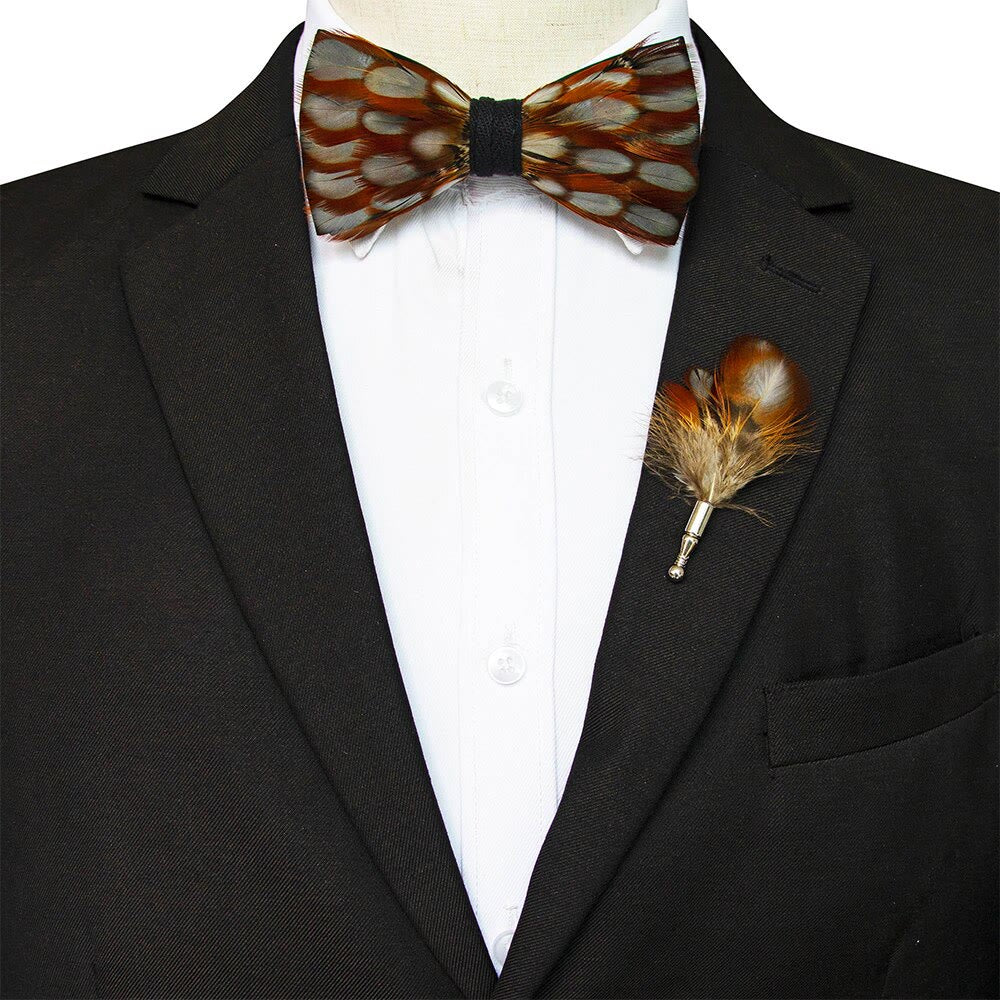 Orange & White Warmth Feather Bow Tie with Lapel Pin